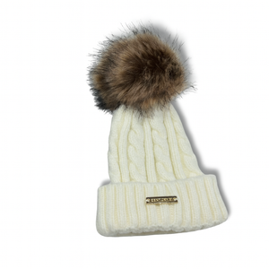 Faux Fur POM Wool Beanie - Cream