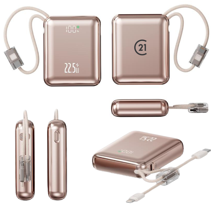 Champagne Gold Power Bank 10,000mAh with Built-in Cable – Fast Charging