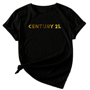 Roll Sleeve Black Tee with Metallic Gold Logo - C21 Collection