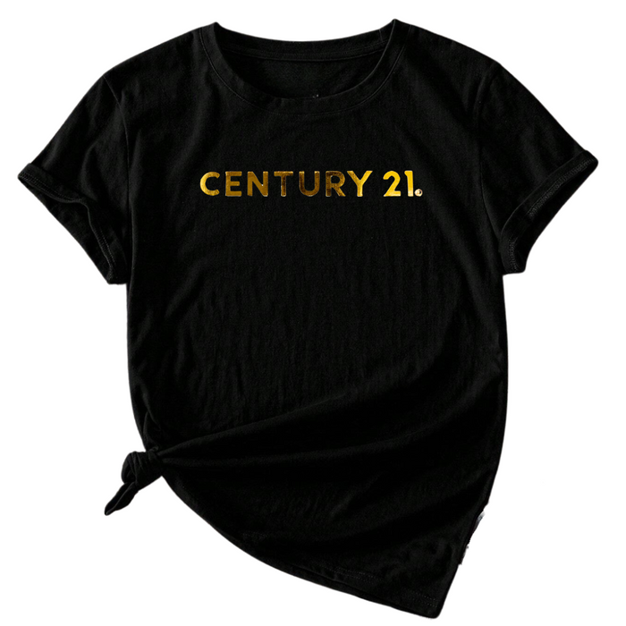 Roll Sleeve Black Tee with Metallic Gold Logo - C21 Collection