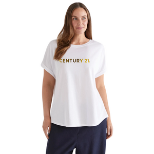 Roll Sleeve White Tee with Metallic Gold Logo - C21 Collection