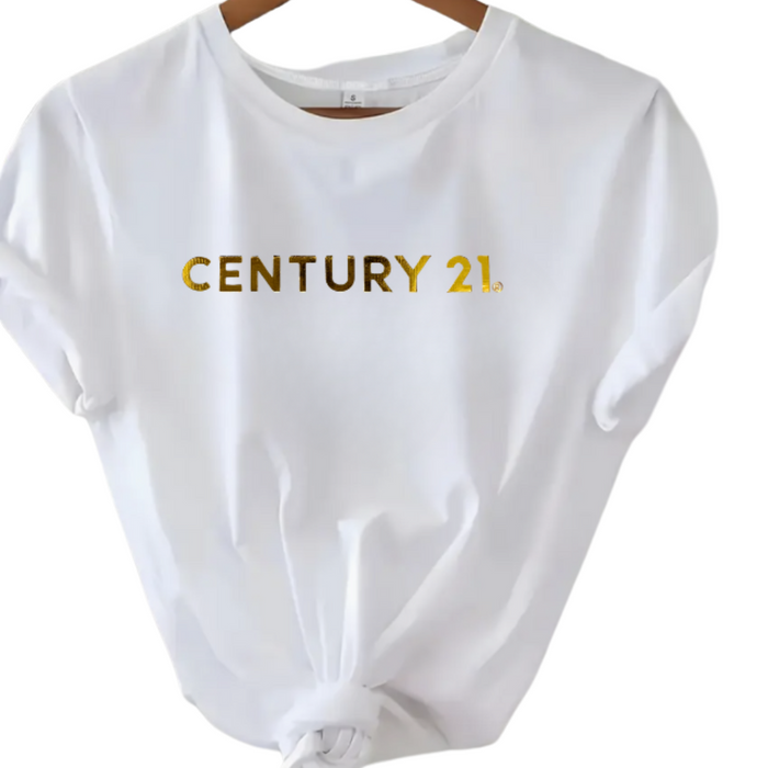Roll Sleeve White Tee with Metallic Gold Logo - C21 Collection